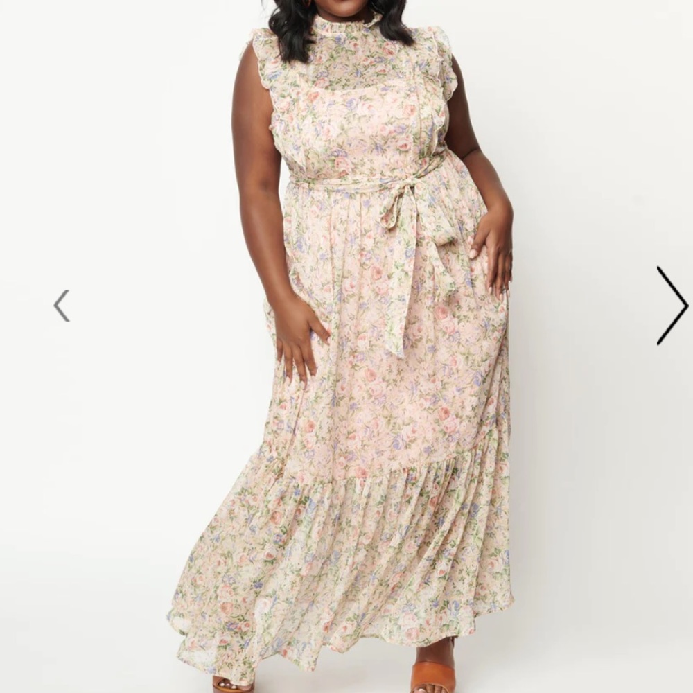 💄 Unique Vintage Plus Size Pink & Pastel Floral Print Beauty Queen Maxi Dress
